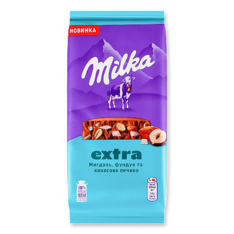 Шоколад молочний Milka Екстра мигдаль, фундук та шматочки кокосового печива