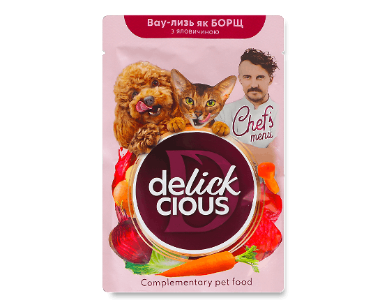 Корм для котів та собак Delickcious зі смаком борщу з яловичиною