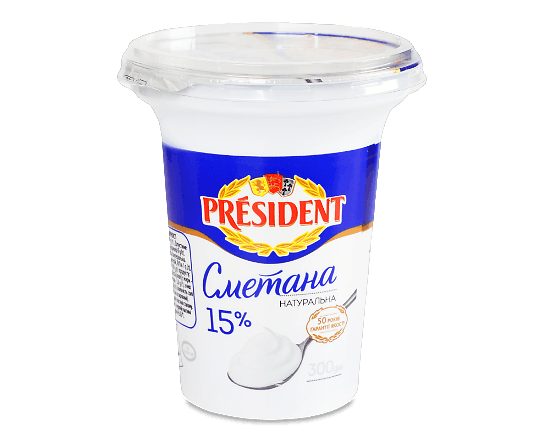 Сметана President 15% стакан