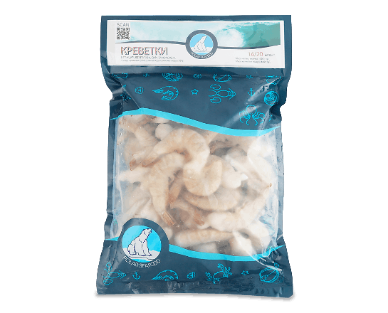 Креветки Polar Seafood в панцирі без голови сирі 16/20