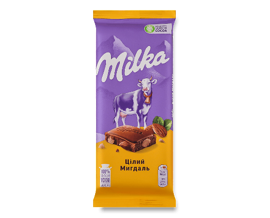 Шоколад молочний Milka з цілим мигдалем