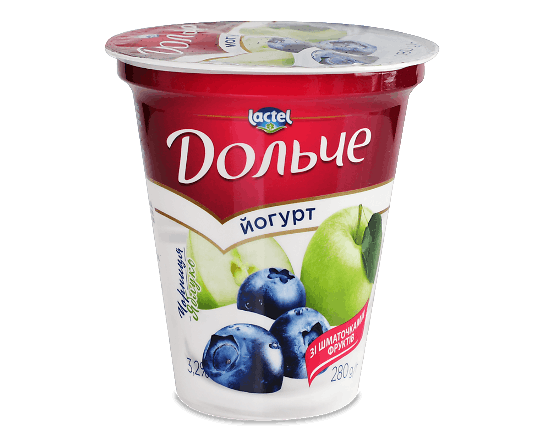 Йогурт «Дольче» з наповнювачем чорниця і яблуко 3,2%, стакан
