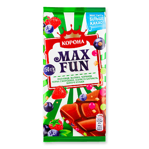 Шоколад молочний «Корона» Max Fun зі смаком полуниці, малини