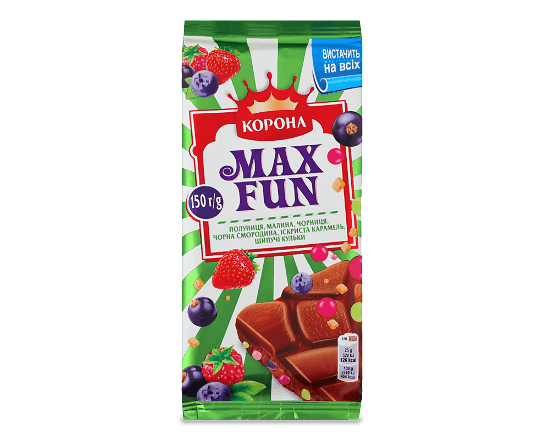 Шоколад молочний «Корона» Max Fun зі смаком полуниці, малини, чорниці та смородини