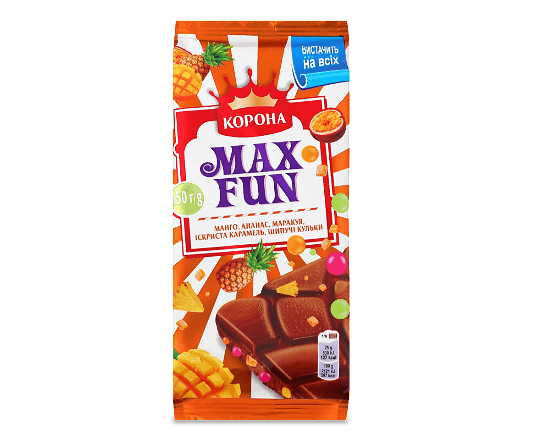 Шоколад молочний «Корона» Max Fun зі смаком манго, ананаса, маракуї