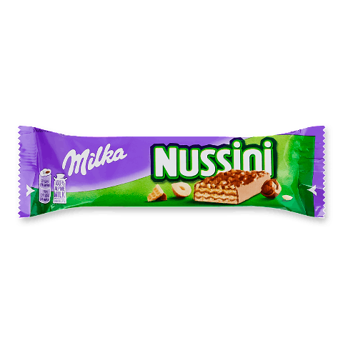 Вафлі Milka Nussini з фундуком і какао в молочному шоколаді