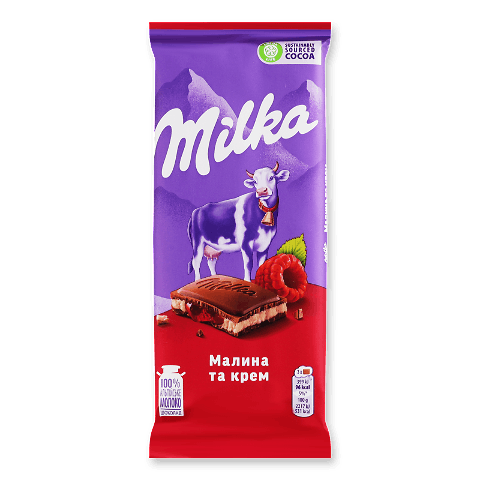 Шоколад молочний Milka з малиною та кремом