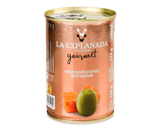 Оливки La Explanada зелені фаршировані пастою з лосося з/б