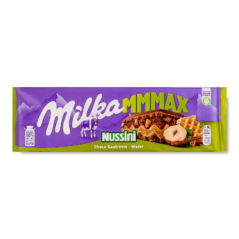 Шоколад молочний Milka Nussini з горіховою пастою, фундуком та вафлею