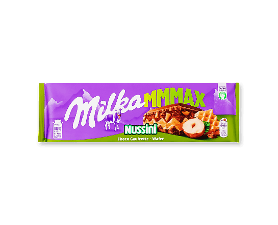 Шоколад молочний Milka Nussini з горіховою пастою, фундуком та вафлею