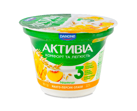 Біфідойогурт Активіа манго-персик-злаки 2,2% стакан
