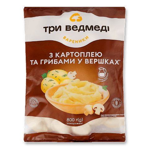 Вареники Три ведмеді з картоплею та грибами у вершках