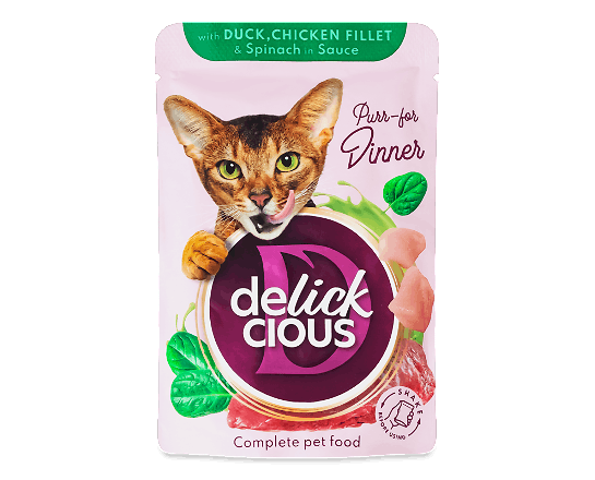 Корм для котів Delickcious шматочки з качкою, курячим філе і шпинатом в соусі