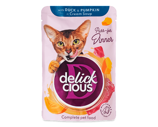 Корм для котів Delickcious смужки з качкою та гарбузом в крем-супі
